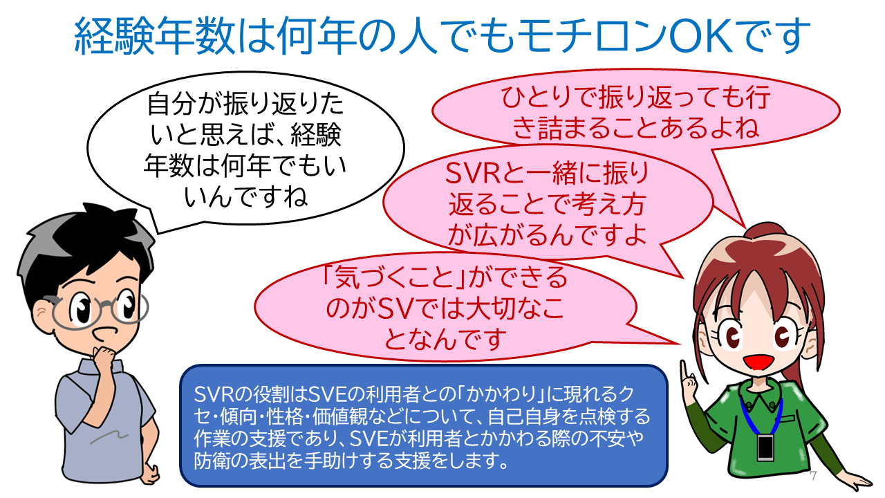 タイトル「経験年数は何年の人でもモチロンＯＫです」ソーシャルワーカーの一言「自分が振り返りたいと思えば、経験年数は何年でもいいんですね」ＳＶＲからの一言「ひとりで振り返っても行き詰まることあるよね」「ＳＶＲと一緒に振り返ることで考え方が広がるんですよ」「「気づくこと」ができるのがＳＶでは大切なことなんです」まとめ「ＳＶＲの役割はＳＶＥの利用者との「かかわり」に現れるクセ・傾向・性格・価値観などについて、自己自身を点検する作業の支援であり、ＳＶＥが利用者とかかわる際の不安や防衛の表出を手助けする支援をします。」